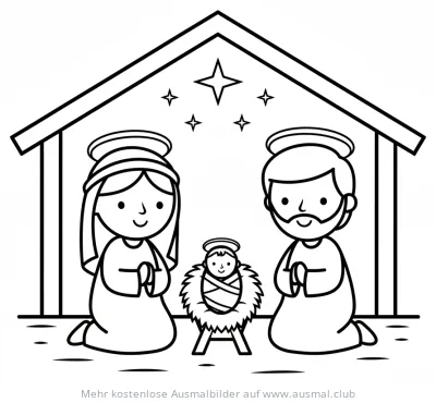 Krippe mit Maria, Josef und Jesuskind Ausmalbild