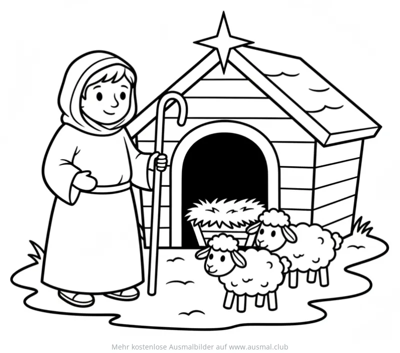 Hirten mit Schafen vor Krippe Ausmalbild
