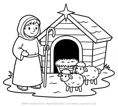 Hirten mit Schafen vor Krippe Ausmalbild