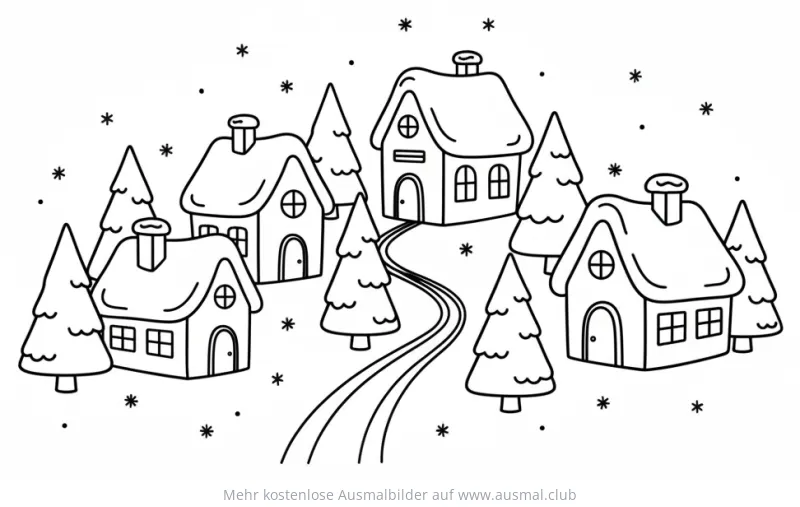 Winterdorf mit verschneiten Häusern und Tannenbäumen Ausmalbild
