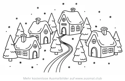 Winterdorf mit verschneiten Häusern und Tannenbäumen Ausmalbild