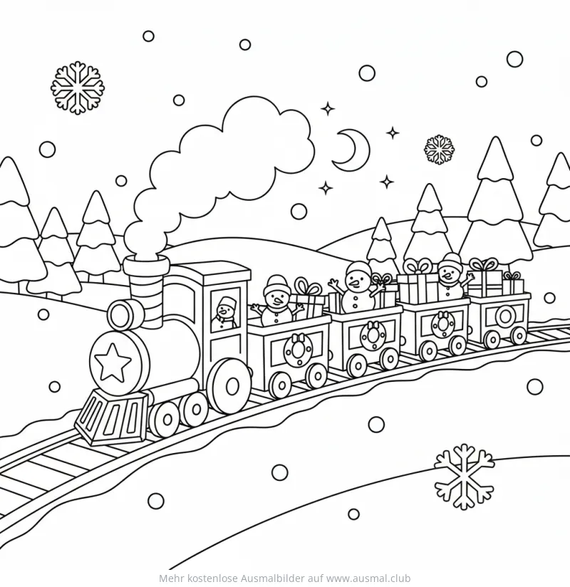 Schnee Zug Ausmalbild mit Schneemännern und Geschenken