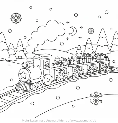 Schnee Zug Ausmalbild mit Schneemännern und Geschenken