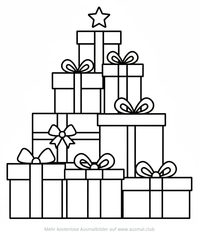 Geschenkbaum aus gestapelten Geschenken mit Schleifen und Stern Ausmalbild