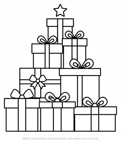 Geschenkbaum aus gestapelten Geschenken mit Schleifen und Stern Ausmalbild