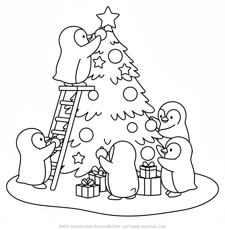 Pinguine schmücken Weihnachtsbaum Ausmalbild