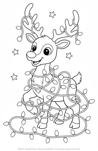 Rentier mit Lichterkette Ausmalbild für Kinder