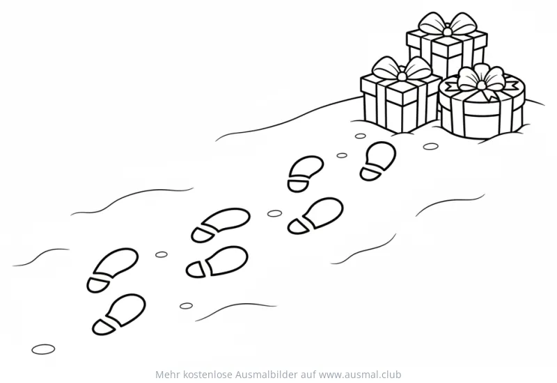 Fußabdruck Spur im Schnee führt zu Geschenken Ausmalbild