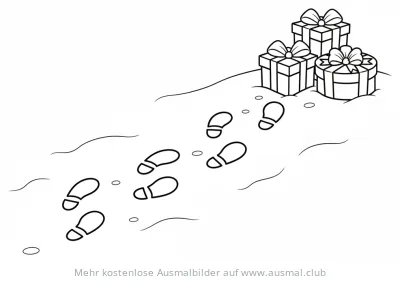 Fußabdruck Spur im Schnee führt zu Geschenken Ausmalbild