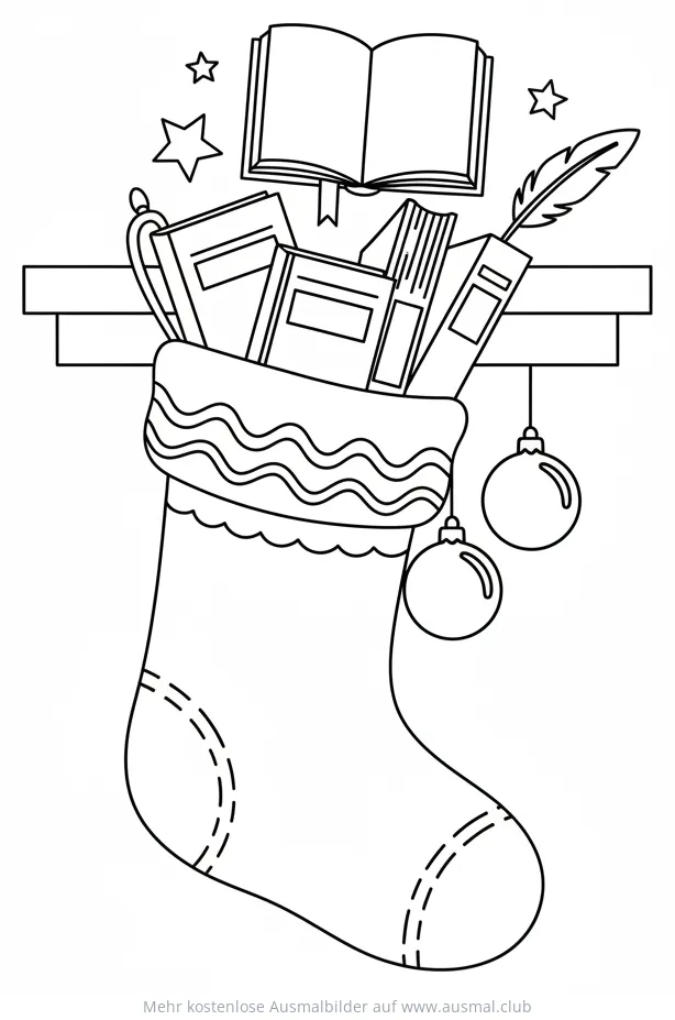 Weihnachtsstrumpf gefüllt mit Büchern Ausmalbild