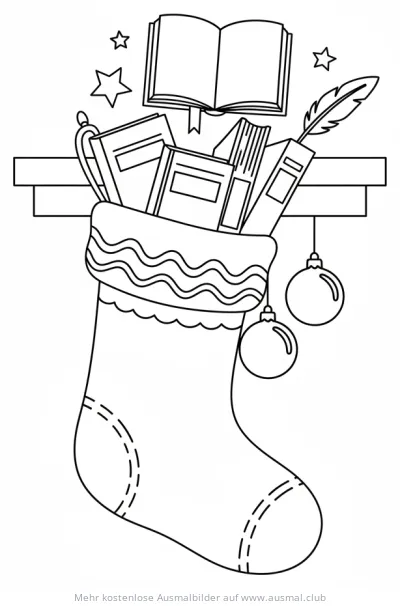 Weihnachtsstrumpf gefüllt mit Büchern Ausmalbild