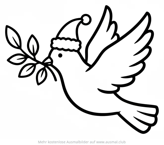 Friedenstaube mit Weihnachtsmütze und Olivenzweig Ausmalbild