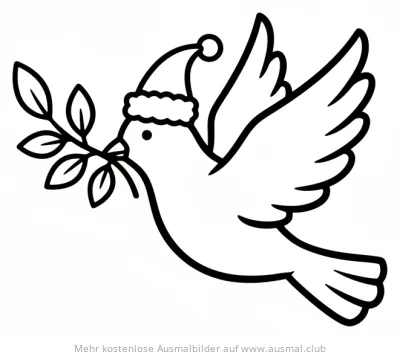 Friedenstaube mit Weihnachtsmütze und Olivenzweig Ausmalbild