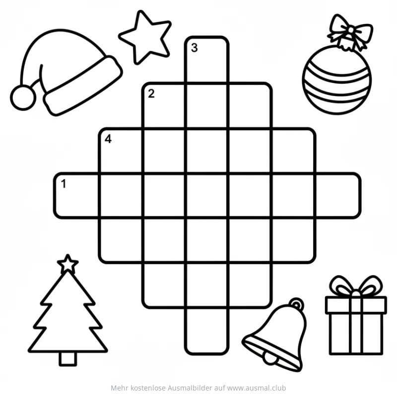 Weihnachts Kreuzworträtsel Ausmalbild mit Baum, Kugel, Glocke, Geschenk und Nikolausmütze
