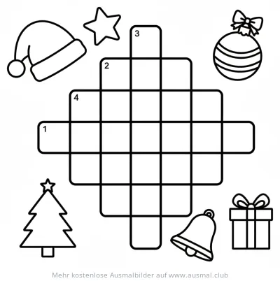 Weihnachts Kreuzworträtsel Ausmalbild mit Baum, Kugel, Glocke, Geschenk und Nikolausmütze