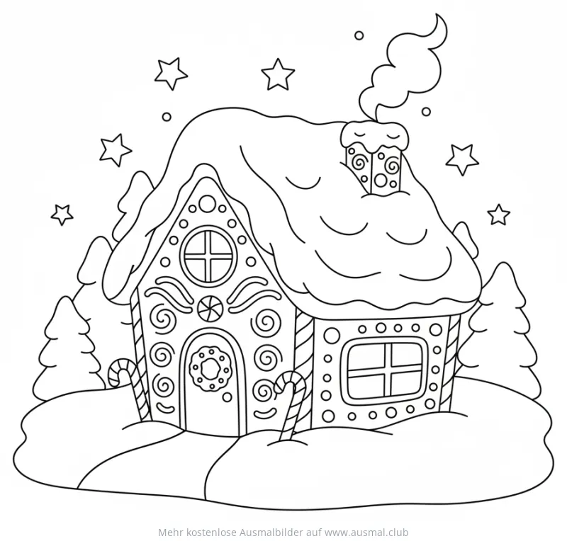 Lebkuchenhaus mit Zuckerstangen und Sternen Ausmalbild