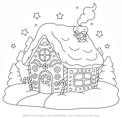 Lebkuchenhaus mit Zuckerstangen und Sternen Ausmalbild