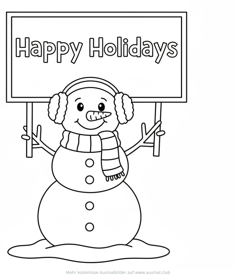 Schneemann mit Happy Holidays Schild Ausmalbild