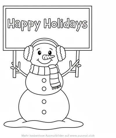 Schneemann mit Happy Holidays Schild Ausmalbild
