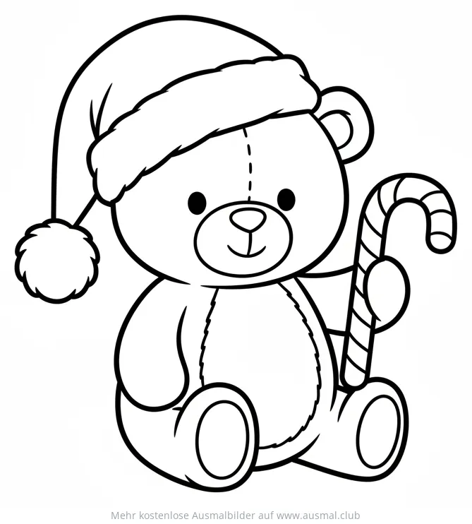 Teddybär mit Weihnachtsmütze und Zuckerstange Ausmalbild