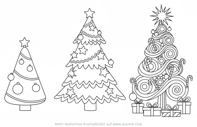 Drei unterschiedlich dekorierte Weihnachtsbäume Ausmalbild