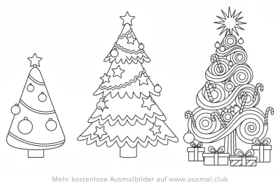 Drei unterschiedlich dekorierte Weihnachtsbäume Ausmalbild