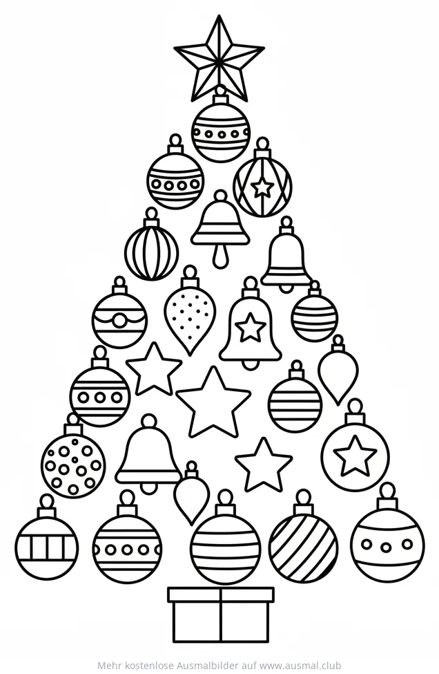 Weihnachtsbaum aus Kugeln und Glocken Ausmalbild