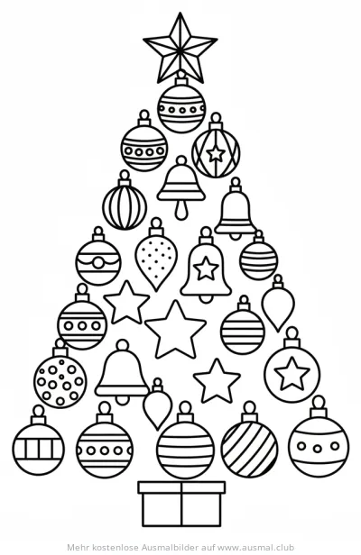 Weihnachtsbaum aus Kugeln und Glocken Ausmalbild