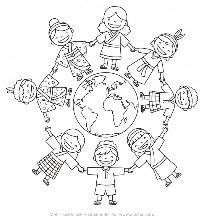 Kinder verschiedener Kulturen halten Händchen um die Welt Ausmalbild