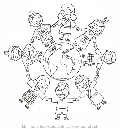 Kinder verschiedener Kulturen halten Händchen um die Welt Ausmalbild