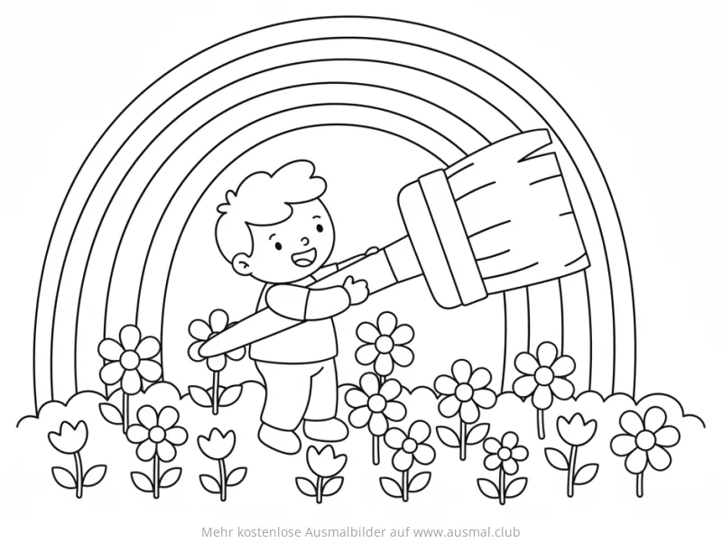 Kind malt mit Pinsel Regenbogen Ausmalbild