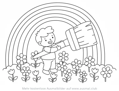 Kind malt mit Pinsel Regenbogen Ausmalbild