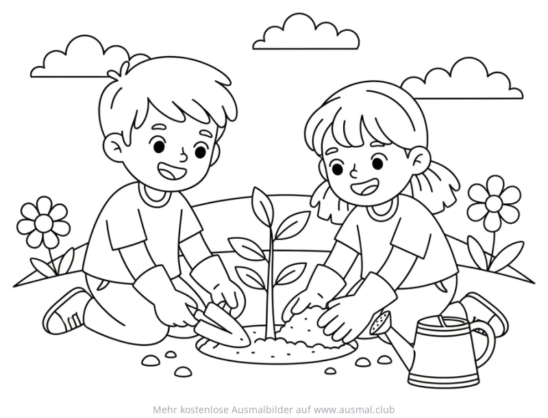 Baum pflanzen Ausmalbild mit Kindern