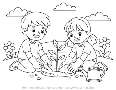 Baum pflanzen Ausmalbild mit Kindern