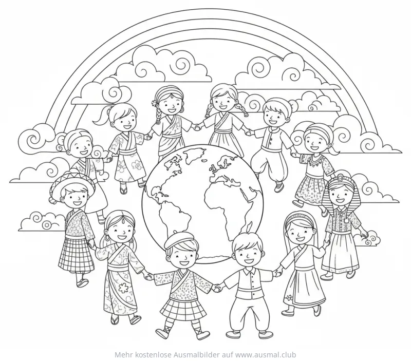 Kinder verschiedener Nationalitäten Hand in Hand um die Welt Ausmalbild