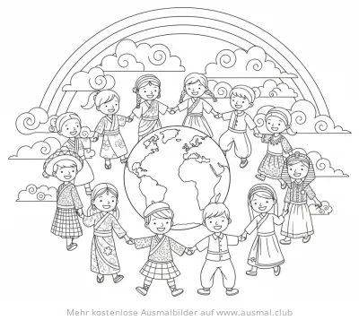 Kinder verschiedener Nationalitäten Hand in Hand um die Welt Ausmalbild
