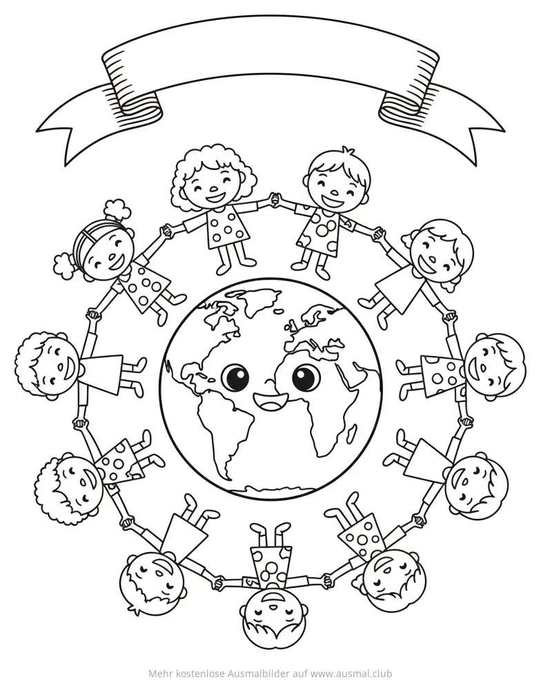 Weltkindertag Ausmalbild: Kinder halten Hände um die Erde