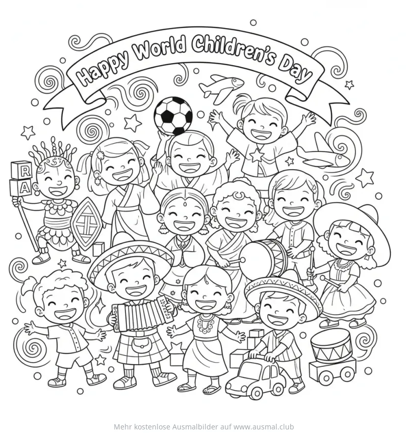 Weltkindertag Ausmalbild mit spielenden Kindern in traditioneller Kleidung