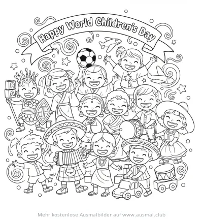 Weltkindertag Ausmalbild mit spielenden Kindern in traditioneller Kleidung