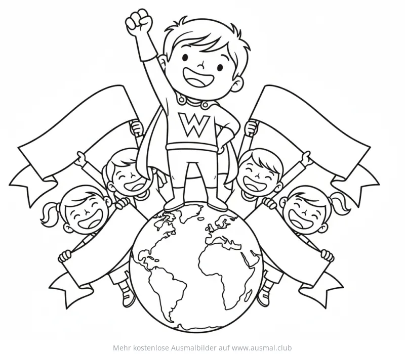 Junge als Superheld auf Weltkugel mit Kindern und Bannern Ausmalbild
