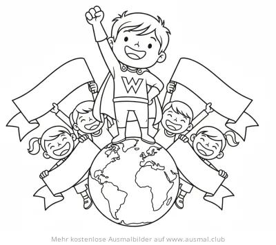 Junge als Superheld auf Weltkugel mit Kindern und Bannern Ausmalbild