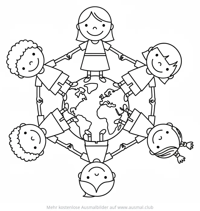 Kinder halten Hände um die Welt Ausmalbild