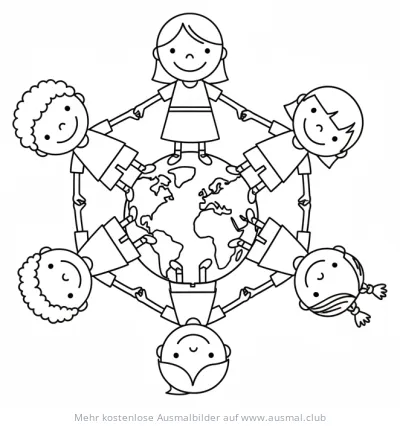 Kinder halten Hände um die Welt Ausmalbild