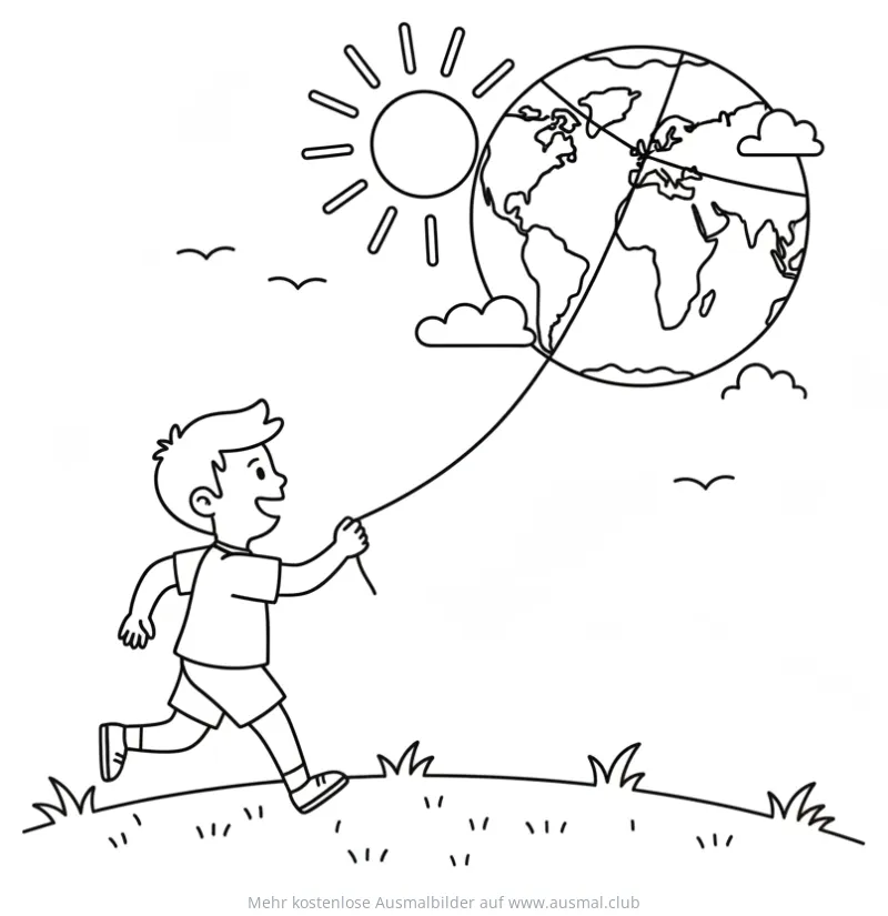 Junge lässt Weltkugel-Drachen steigen Ausmalbild zum Weltkindertag