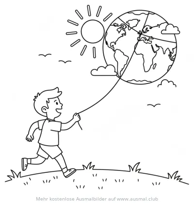 Junge lässt Weltkugel-Drachen steigen Ausmalbild zum Weltkindertag