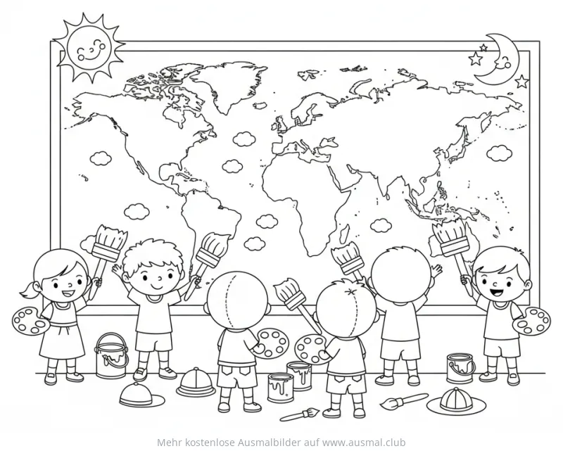 Kinder malen gemeinsam eine Weltkarte Ausmalbild