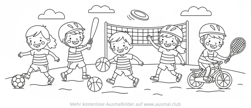 Kinder spielen verschiedene Sportarten Ausmalbild