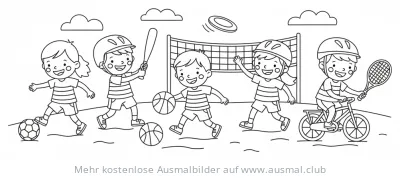 Kinder spielen verschiedene Sportarten Ausmalbild