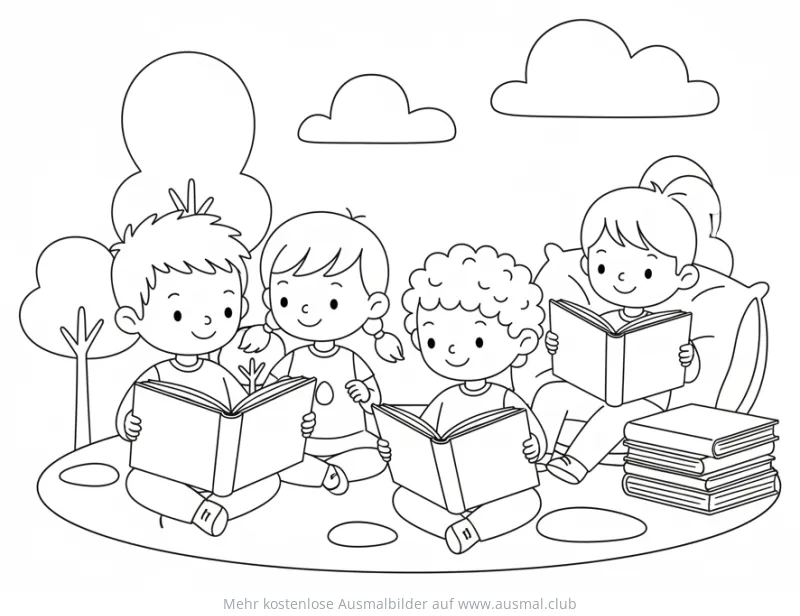 Vier Kinder lesen Bücher Ausmalbild