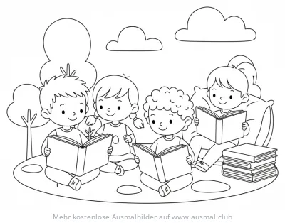 Vier Kinder lesen Bücher Ausmalbild